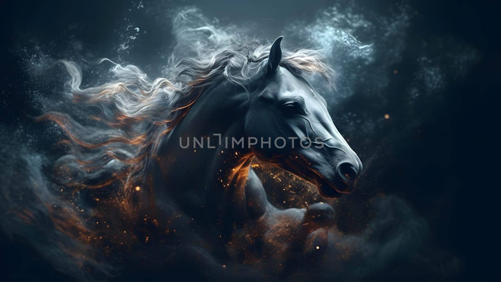 artisticly lit horse head with smoke and fumes on black background. Neural network generated in May 2023. Not based on any actual scene or pattern.