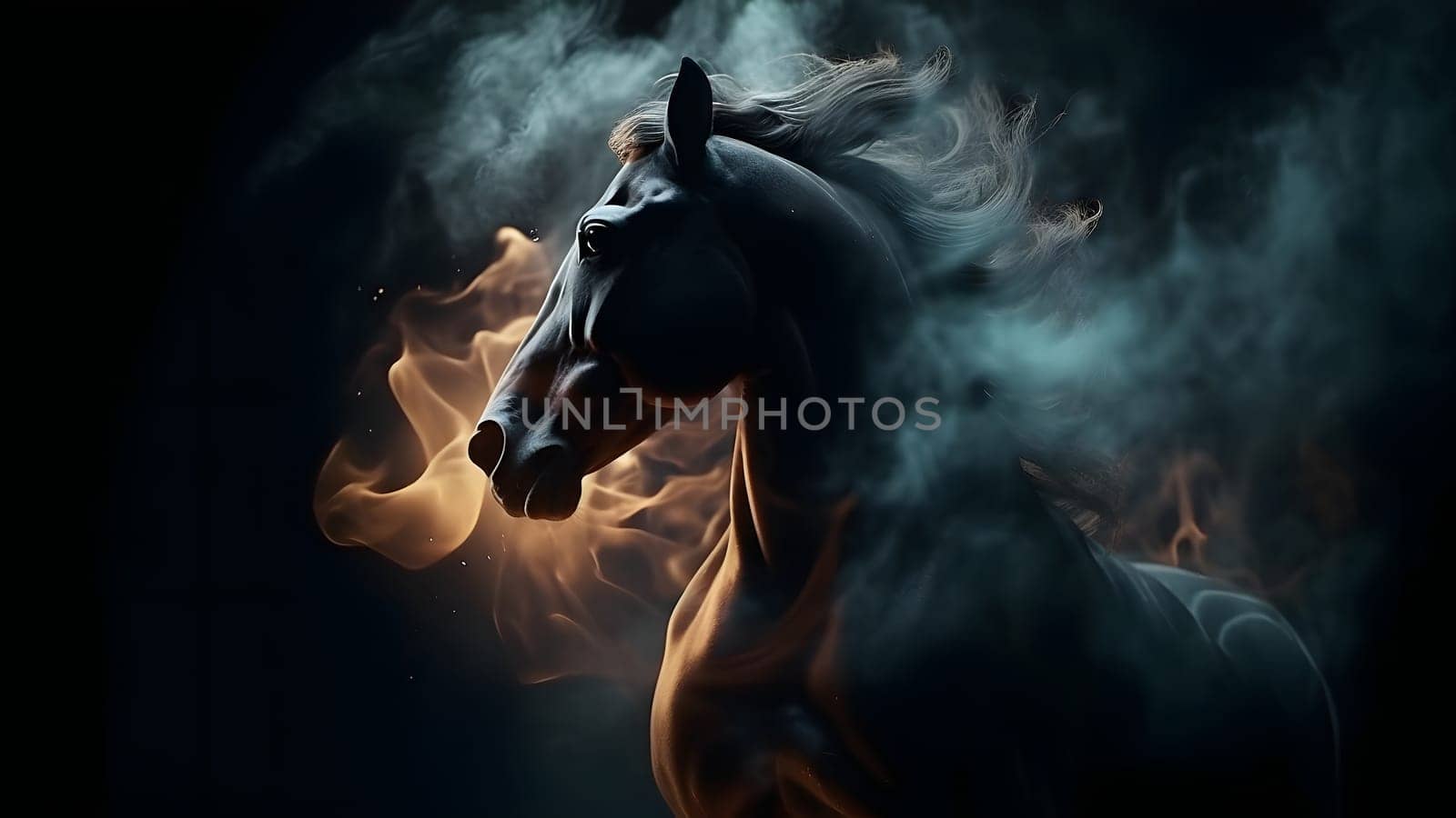artisticly lit horse head with smoke and fumes on black background. Neural network generated in May 2023. Not based on any actual scene or pattern.