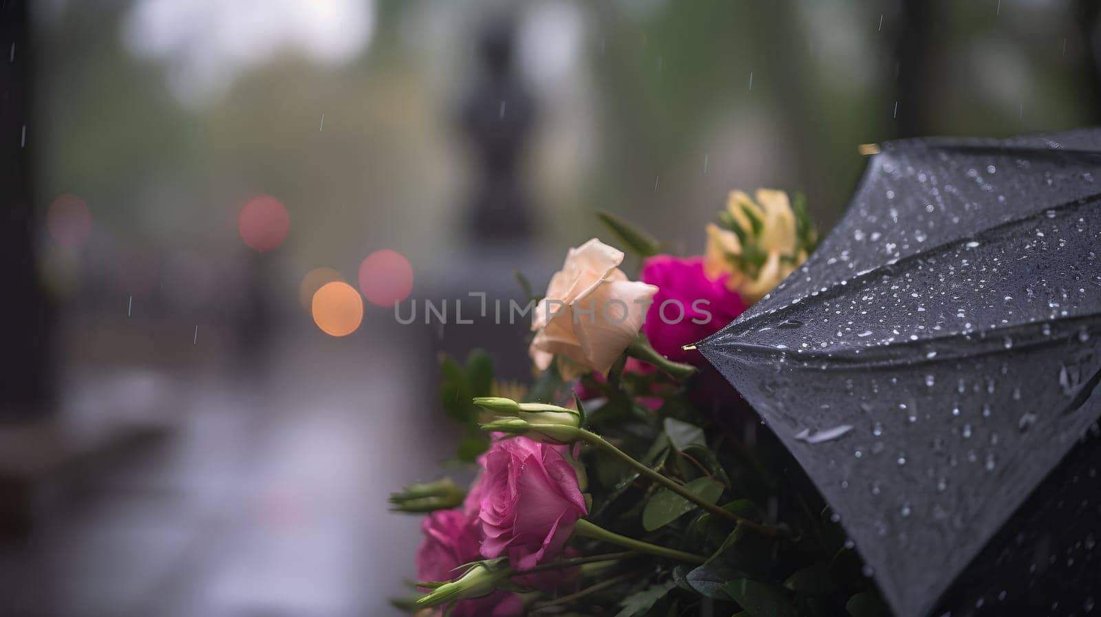 rainy funeral with bokeh. Neural network generated in May 2023. Not based on any actual person, scene or pattern.