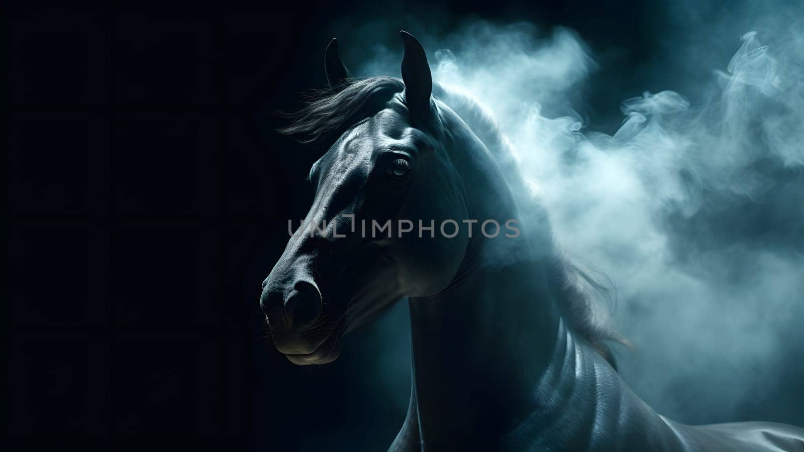 artisticly lit horse head with smoke and fumes on black background. Neural network generated in May 2023. Not based on any actual scene or pattern.