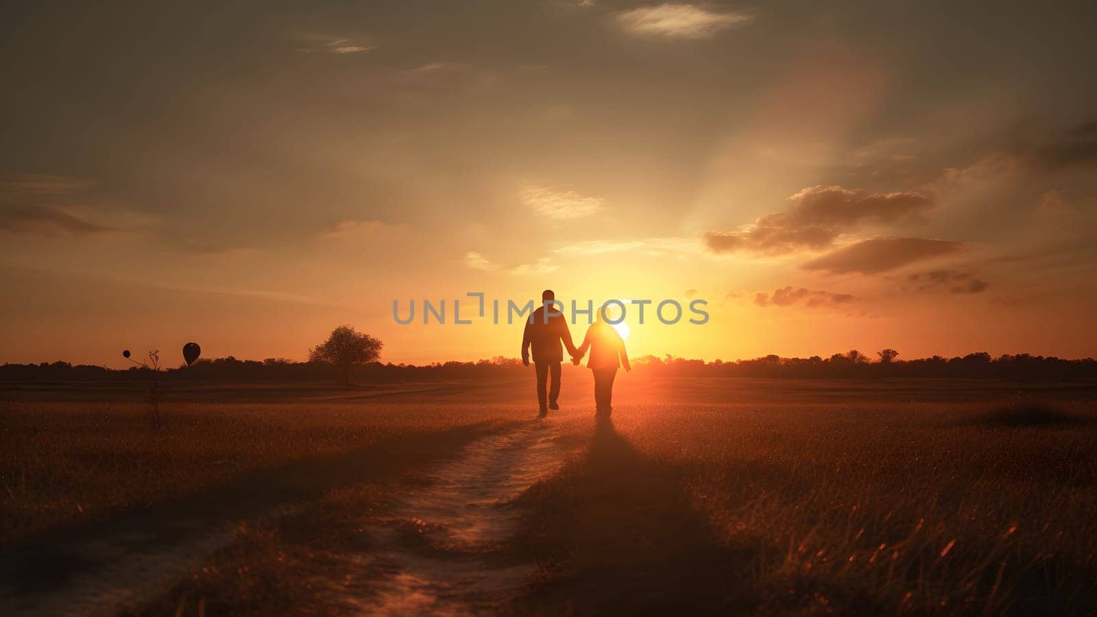 A heterosexual human couple silhouettes holding hands and walking towards dawn at summer field. Neural network generated in May 2023. Not based on any actual person, scene or pattern.