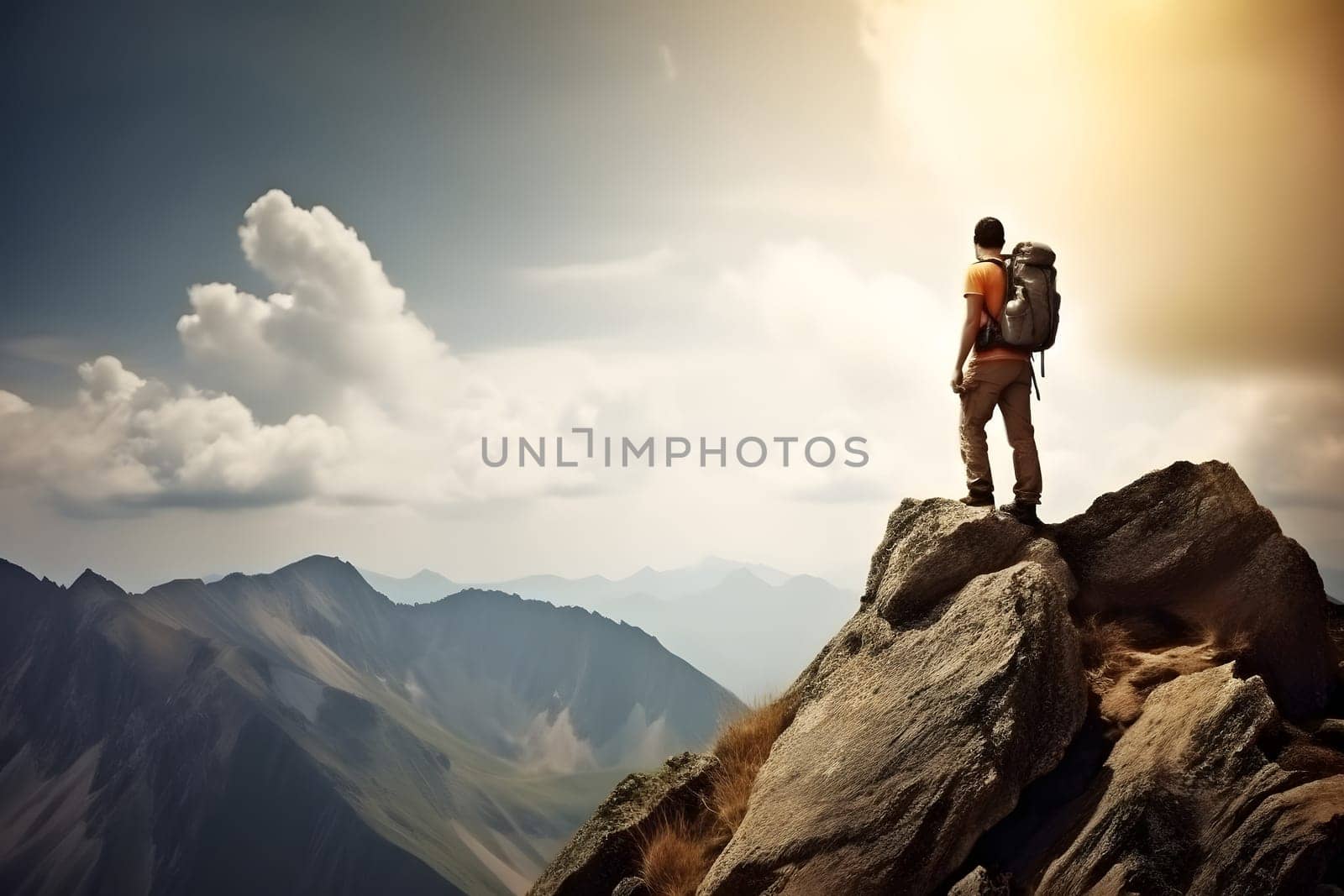 Tourist on mountain peak at sunny summer day. Active life and leisure concept.. Neural network generated in May 2023. Not based on any actual person, scene or pattern.