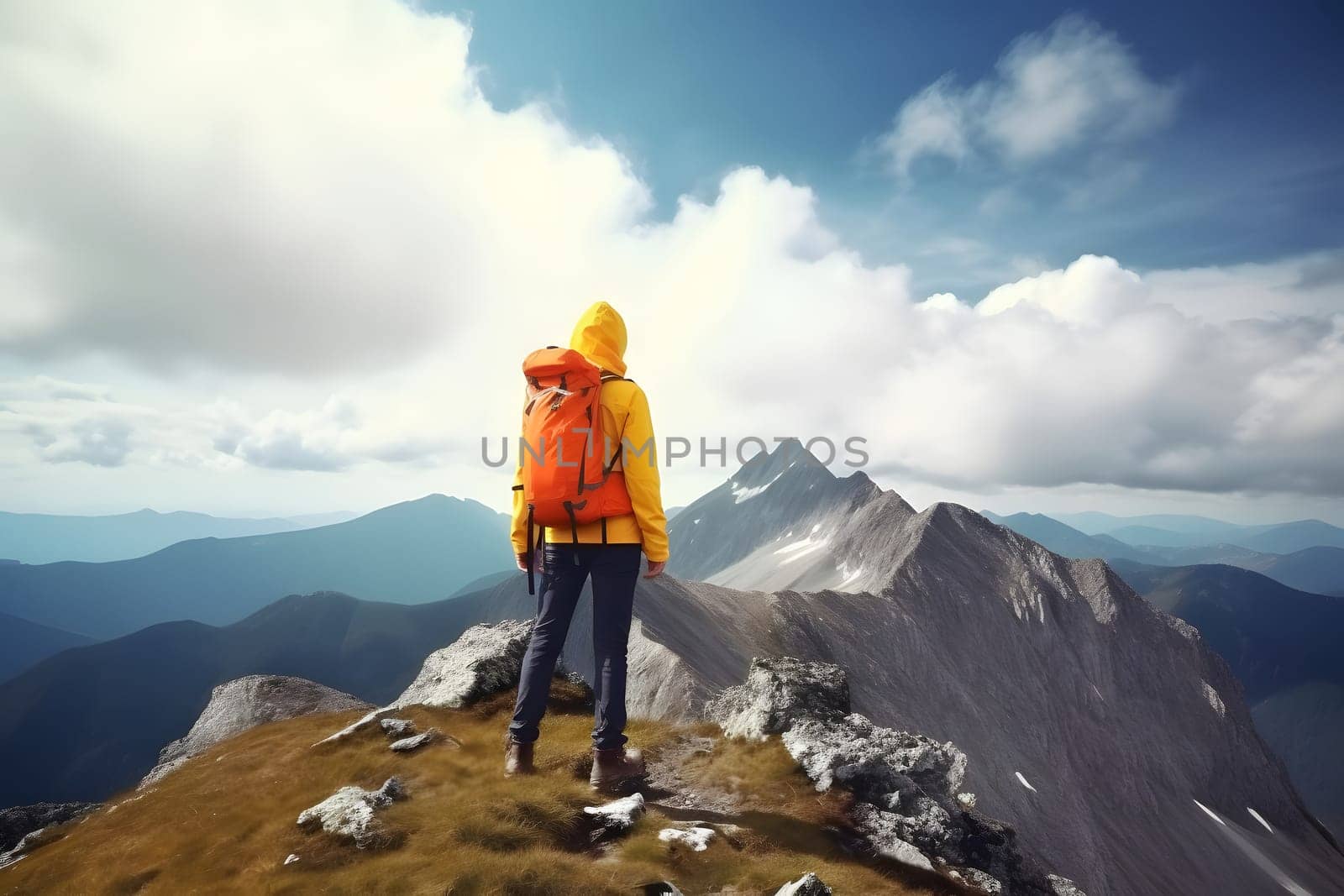 Tourist on mountain peak at sunny summer day. Active life and leisure concept.. Neural network generated in May 2023. Not based on any actual person, scene or pattern.