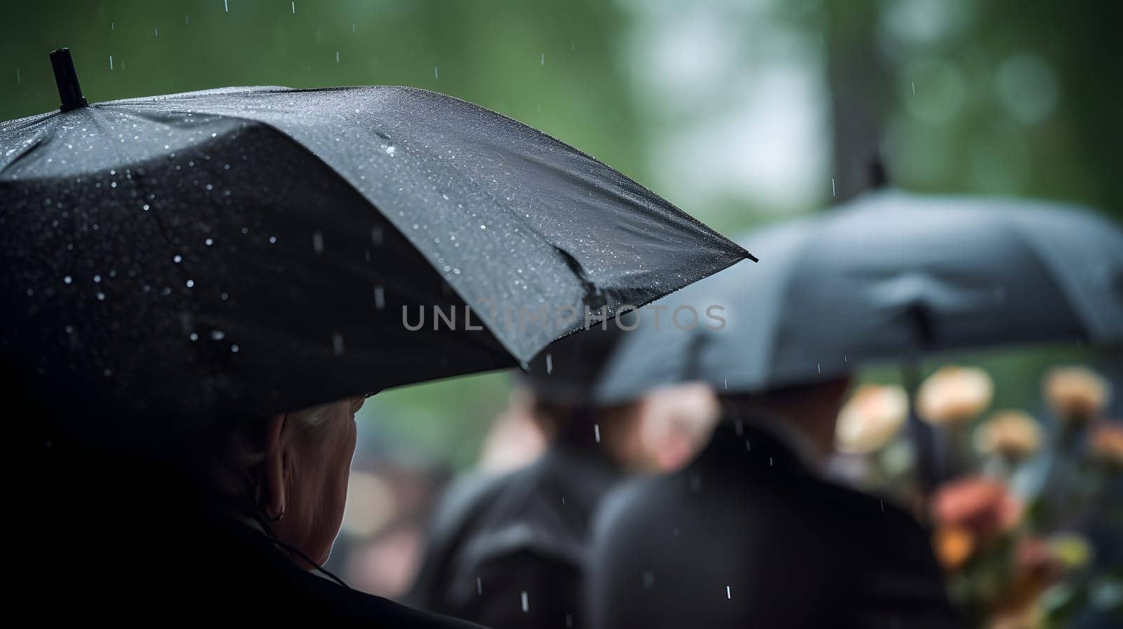 rainy funeral with bokeh. Neural network generated in May 2023. Not based on any actual person, scene or pattern.