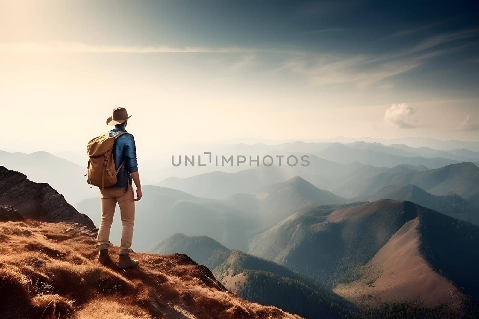 Tourist on mountain peak at sunny summer day. Active life and leisure concept.. Neural network generated in May 2023. Not based on any actual person, scene or pattern.