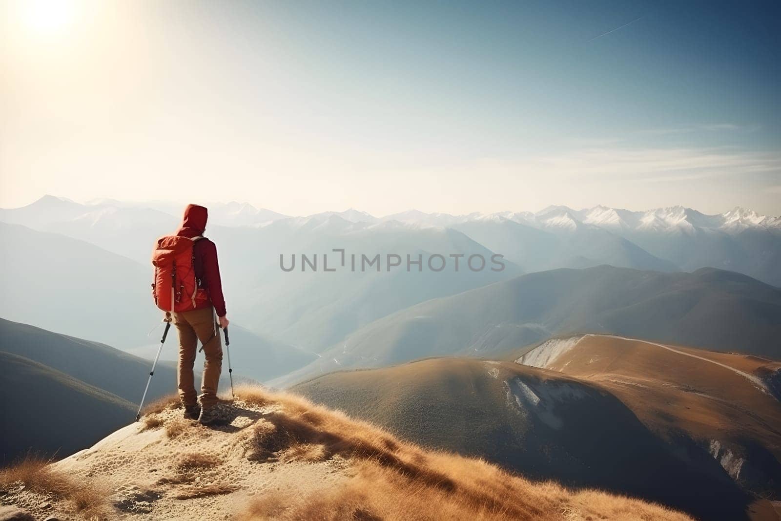 Tourist on mountain peak at sunny summer day. Active life and leisure concept.. Neural network generated in May 2023. Not based on any actual person, scene or pattern.