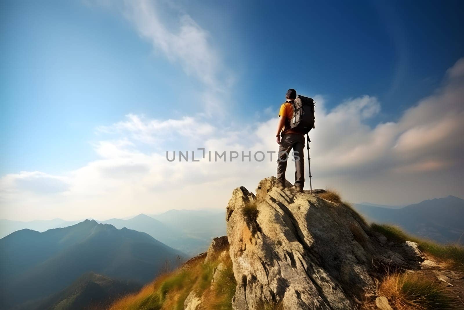 Tourist on mountain peak at sunny summer day. Active life and leisure concept.. Neural network generated in May 2023. Not based on any actual person, scene or pattern.