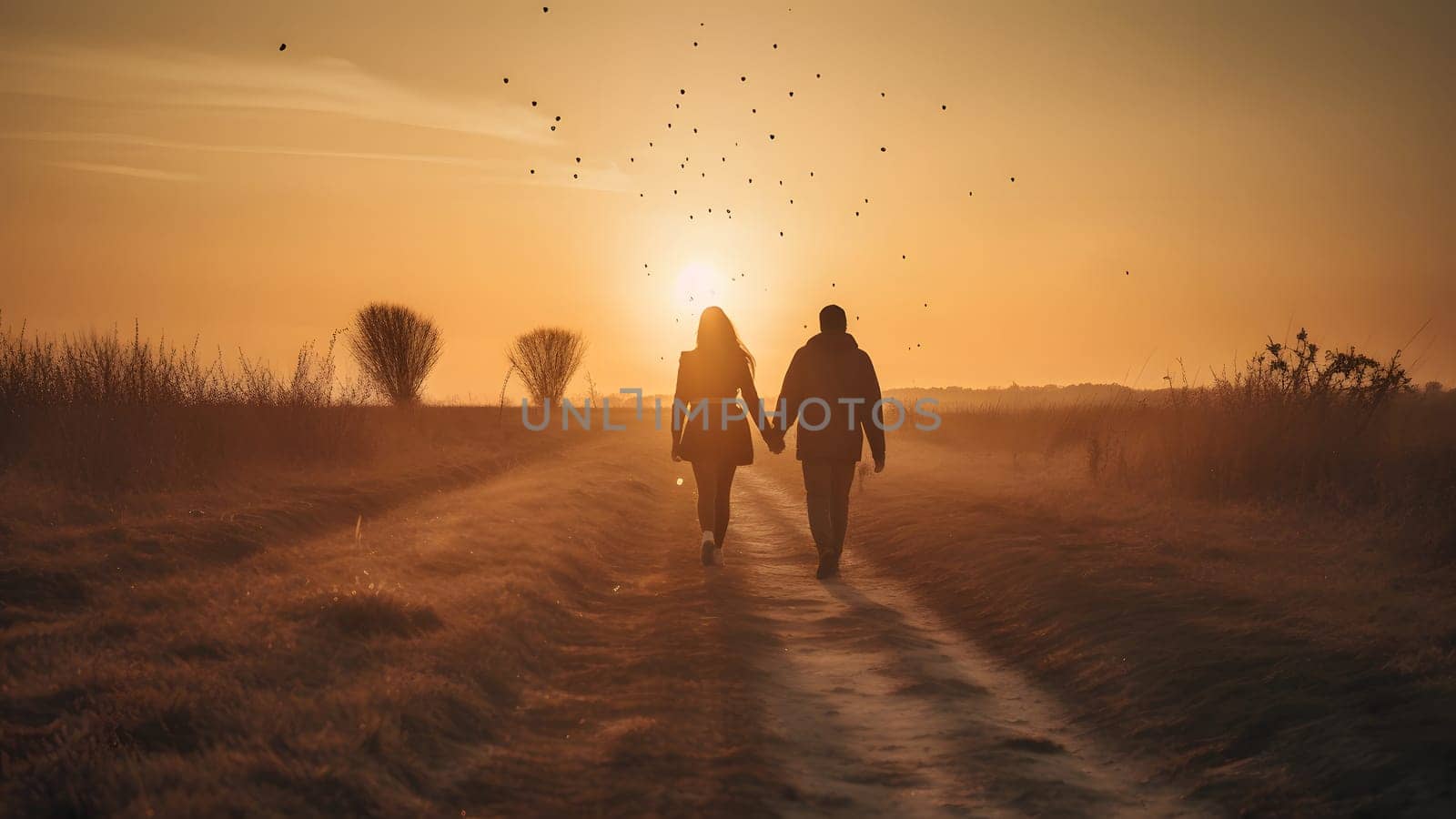 A heterosexual human couple silhouettes holding hands and walking towards dawn at summer field. Neural network generated in May 2023. Not based on any actual person, scene or pattern.