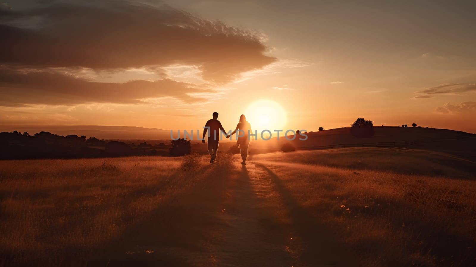 A heterosexual human couple silhouettes holding hands and walking towards dawn at summer field. Neural network generated in May 2023. Not based on any actual person, scene or pattern.