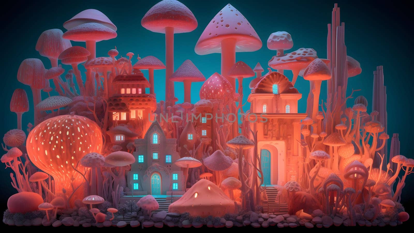 Fantastic teal-orange colored mushroom world city. Neural network generated in May 2023. Not based on any actual scene or pattern.
