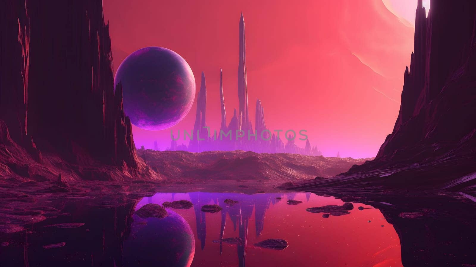 fantastic rocky alien planet with lake and large celestial body in pink sky. Neural network generated in May 2023. Not based on any actual scene or pattern.