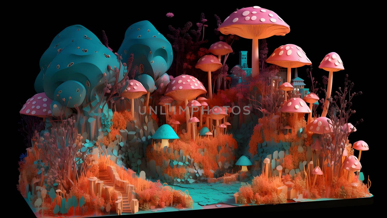 Fantastic teal-orange colored mushroom world city. Neural network generated in May 2023. Not based on any actual scene or pattern.