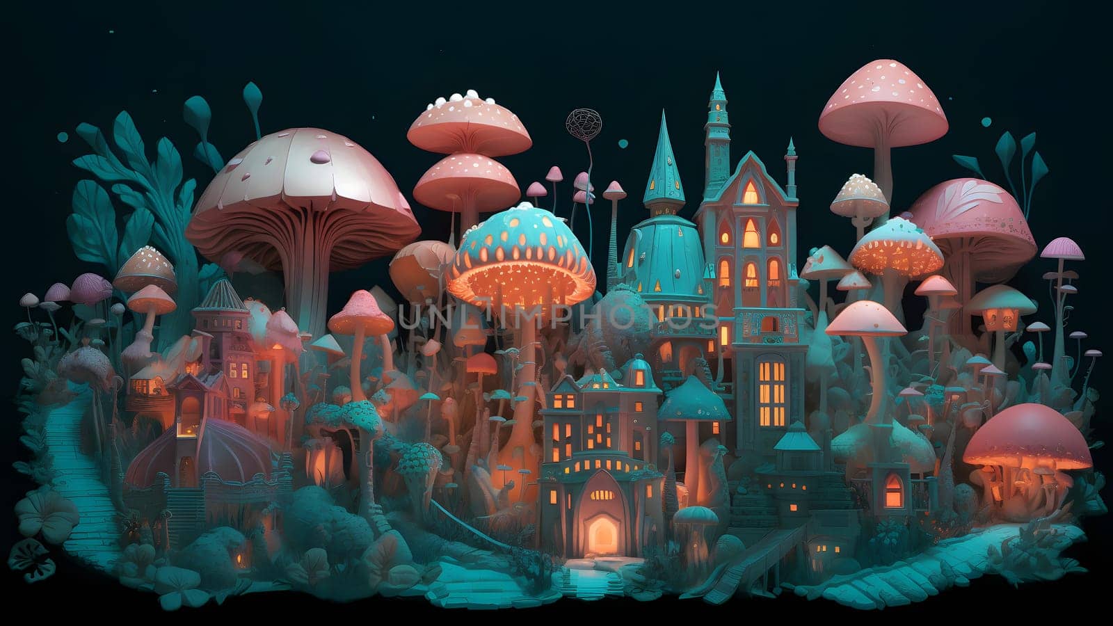 Fantastic teal-orange colored mushroom world city. Neural network generated in May 2023. Not based on any actual scene or pattern.