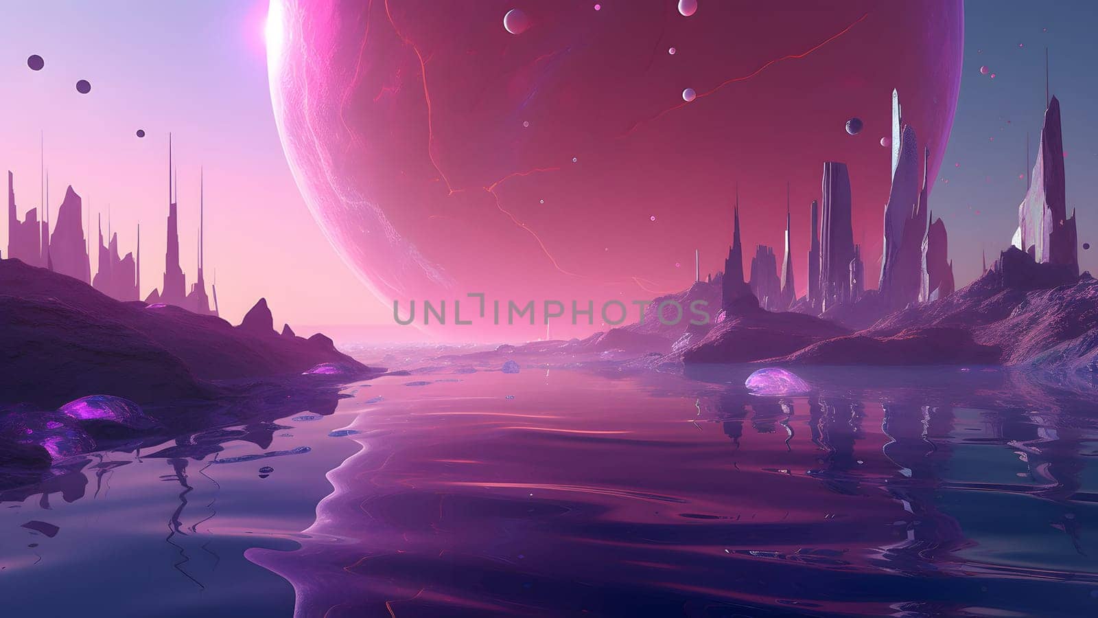 fantastic rocky alien planet cityscape with lake and large celestial body in pink sky. Neural network generated in May 2023. Not based on any actual scene or pattern.
