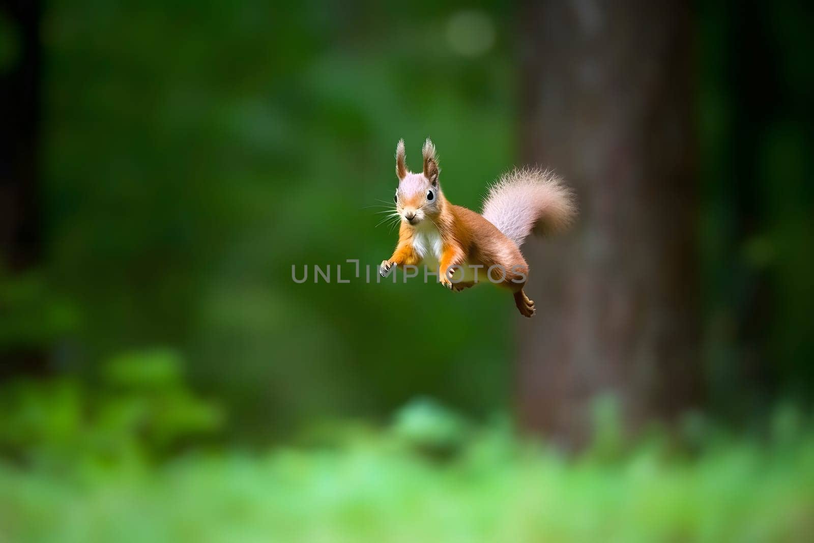 Eurasian red squirrel Sciurus vulgaris jumping in the forest at summer day. Neural network generated in May 2023. Not based on any actual scene or pattern.