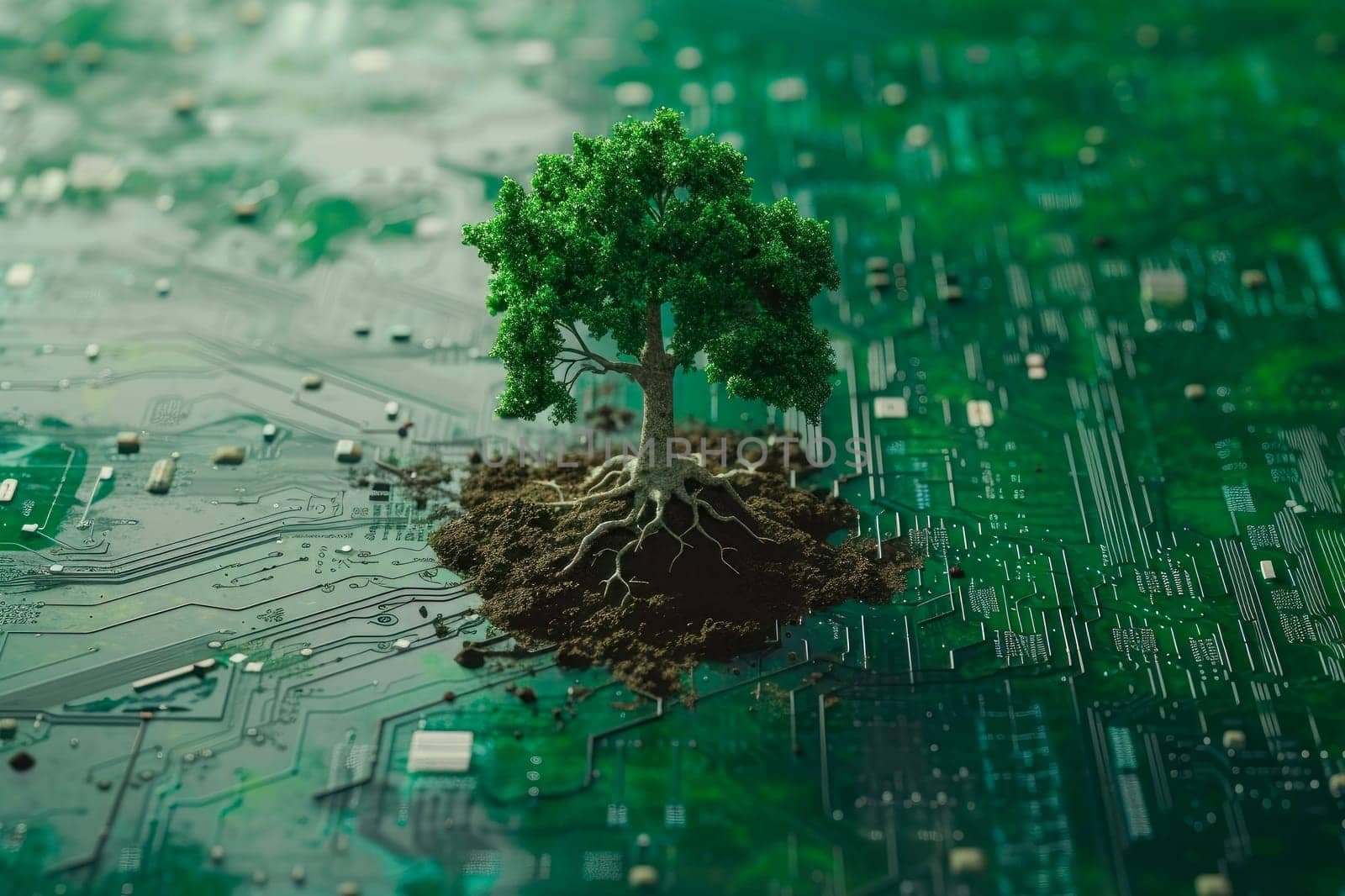 Tree growing on computer circuit board. Green technology, green IT, social responsibility and IT ethics concept. AI generated