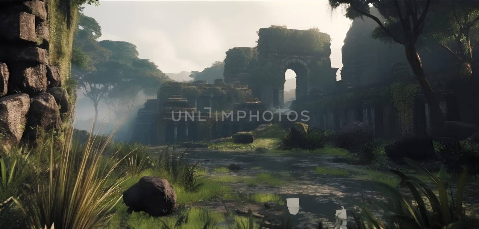 lush tropical landscape with old stone ruins scattered in the jungle at summer day. Neural network generated in May 2023. Not based on any actual scene or pattern.