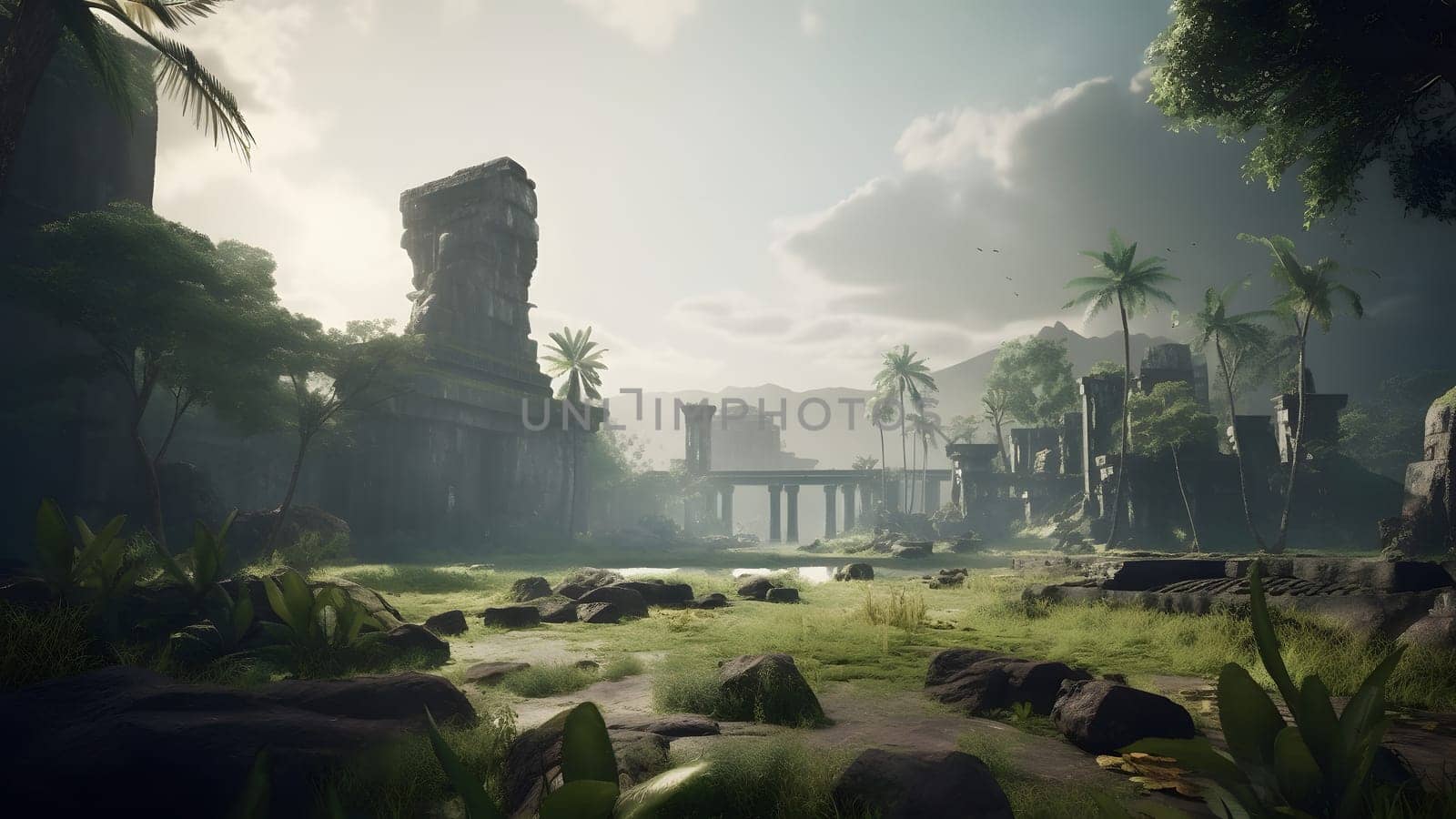 lush tropical landscape with old stone ruins scattered in the jungle at summer day. Neural network generated in May 2023. Not based on any actual scene or pattern.