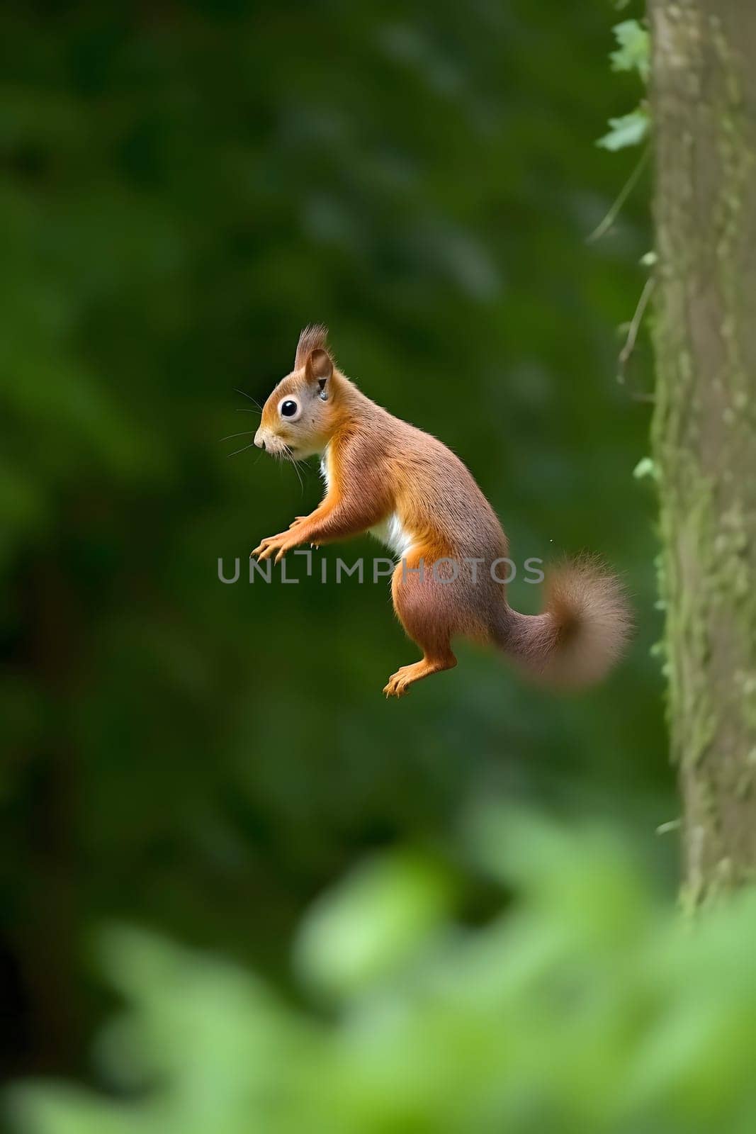Eurasian red squirrel Sciurus vulgaris jumping in the forest at summer day. Neural network generated in May 2023. Not based on any actual scene or pattern.