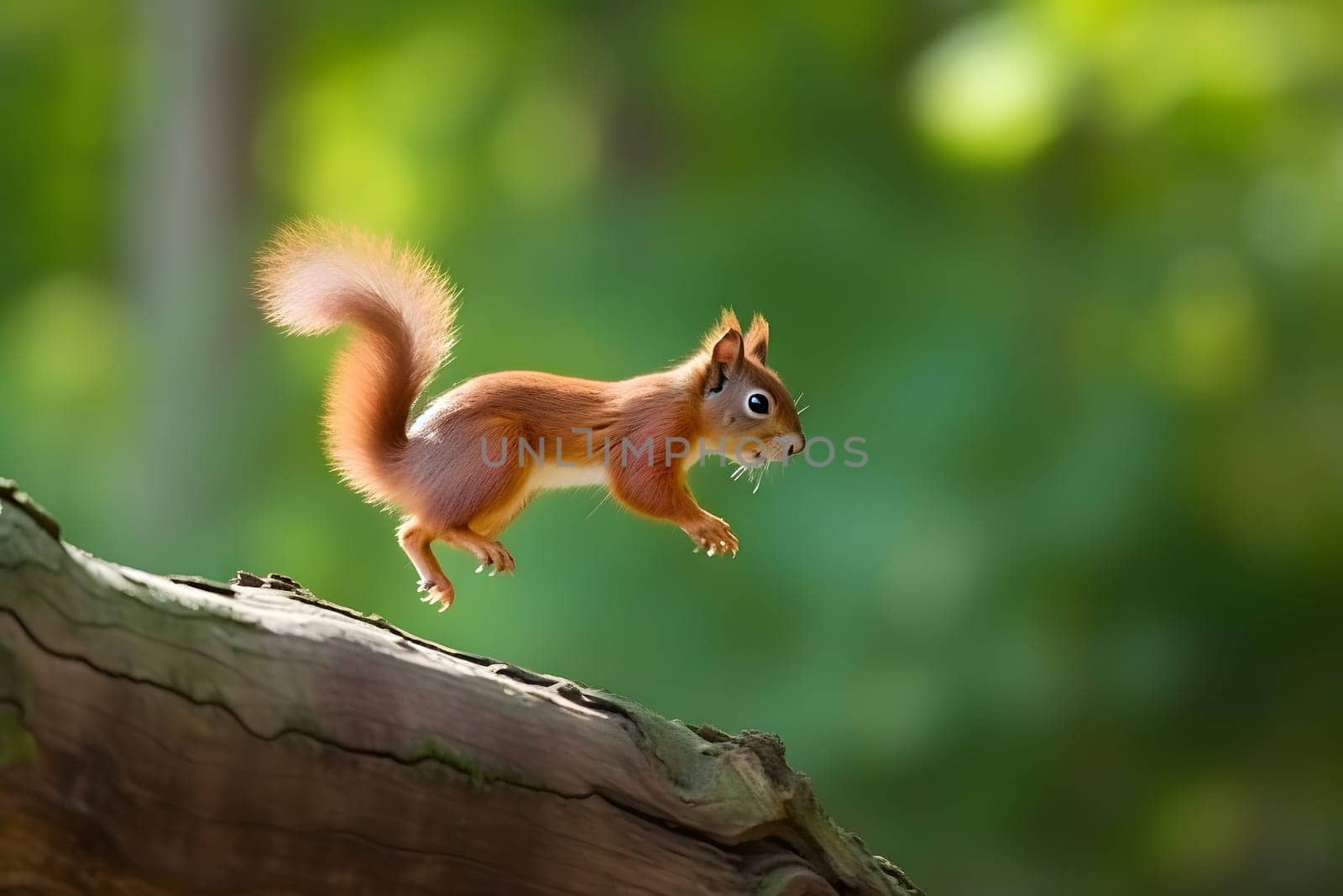 Eurasian red squirrel Sciurus vulgaris jumping in the forest at summer day. Neural network generated in May 2023. Not based on any actual scene or pattern.