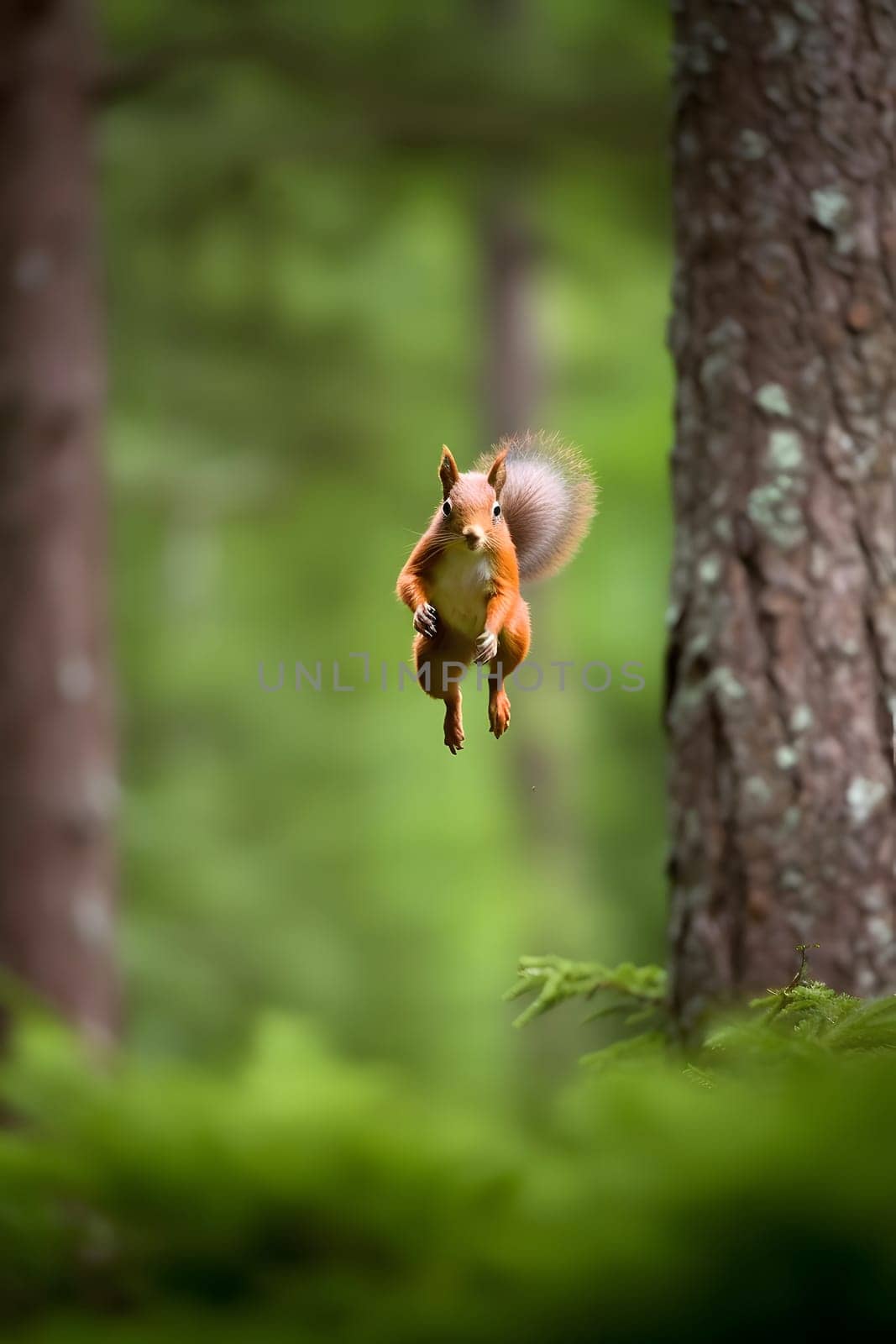 Eurasian red squirrel Sciurus vulgaris jumping in the forest at summer day. Neural network generated in May 2023. Not based on any actual scene or pattern.