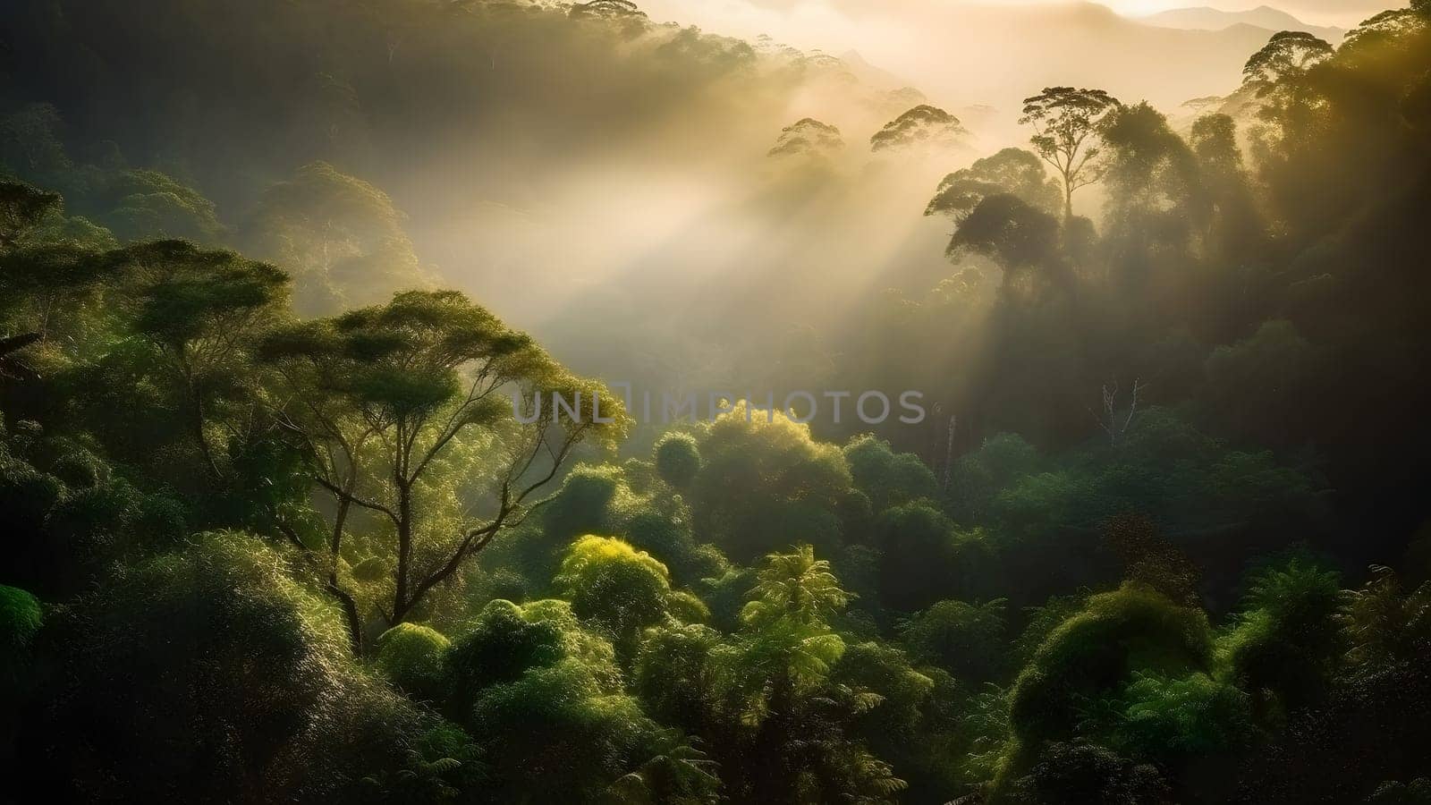 spectacular view on the rainforest in the sunrise. Neural network generated in May 2023. Not based on any actual scene or pattern.