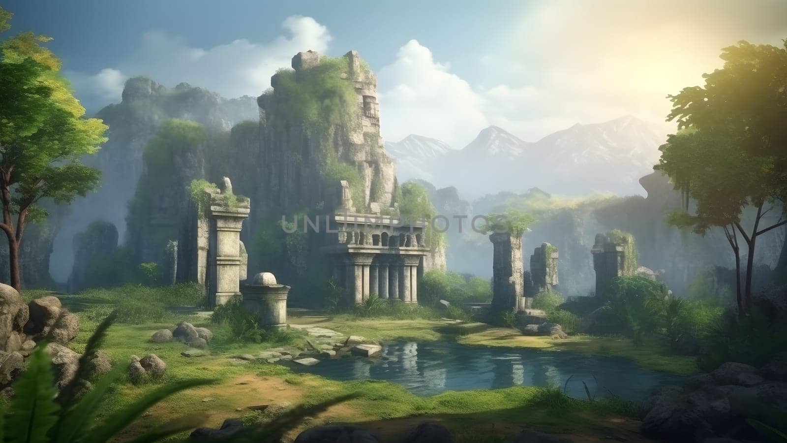 lush tropical landscape with old stone ruins scattered in the jungle at summer day. Neural network generated in May 2023. Not based on any actual scene or pattern.