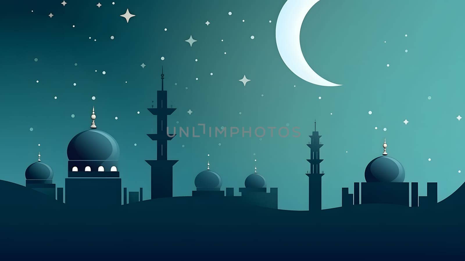 Ramadan mosque with starry night sky beautiful background. Neural network generated in May 2023. Not based on any actual scene or pattern.