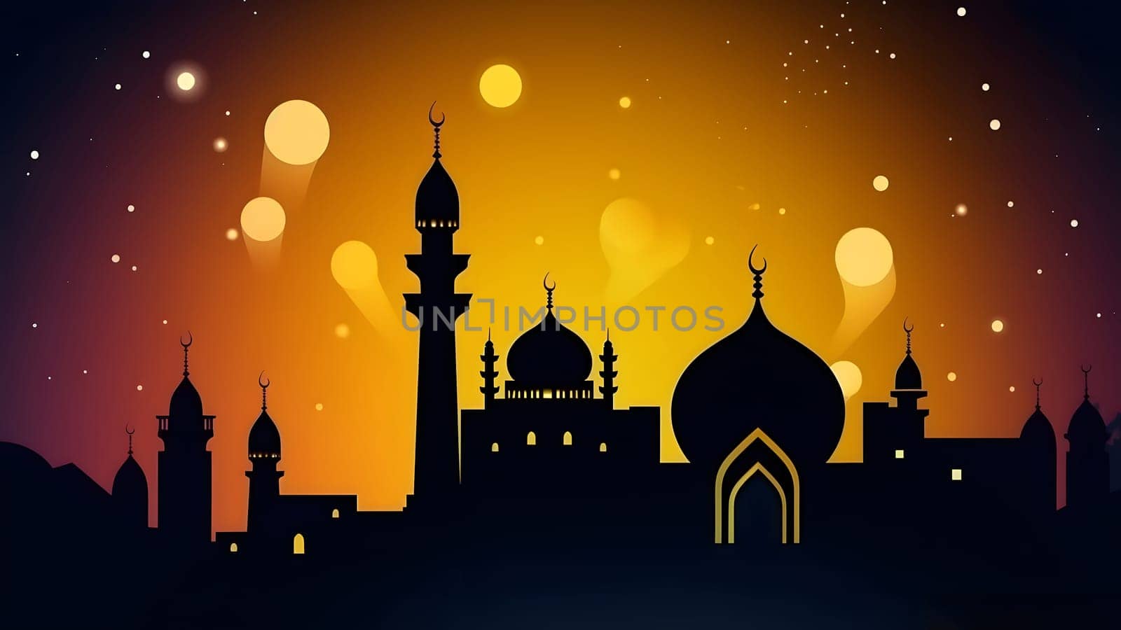 Ramadan mosque with starry night sky beautiful background. Neural network generated in May 2023. Not based on any actual scene or pattern.