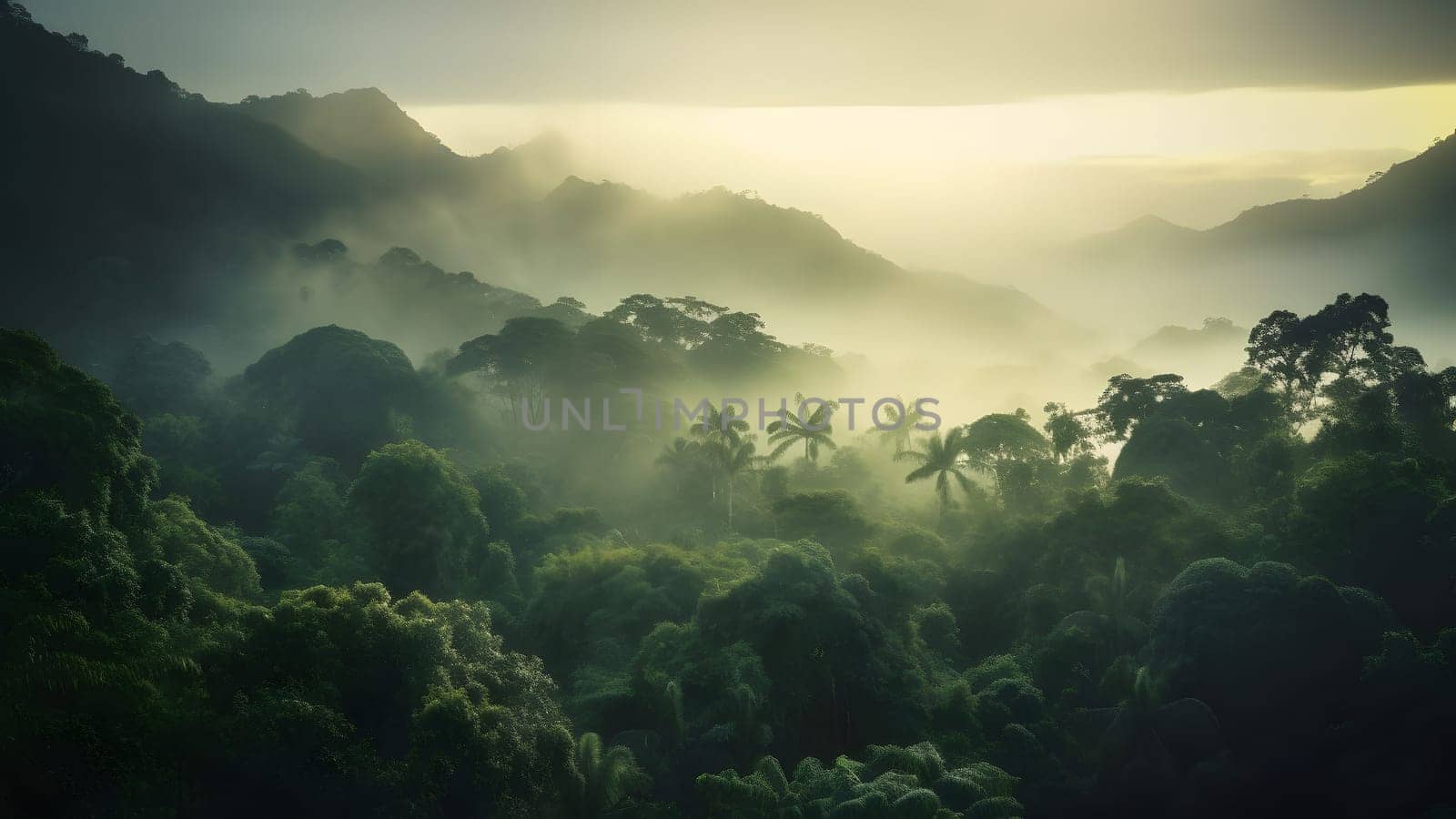 spectacular view on the rainforest in the sunrise. Neural network generated in May 2023. Not based on any actual scene or pattern.
