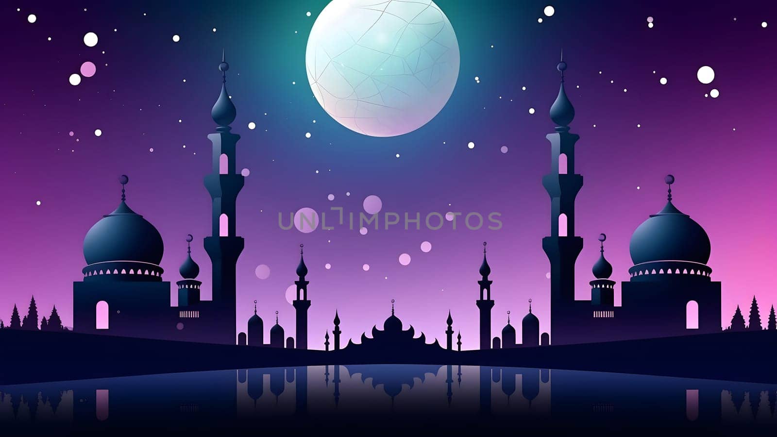 Ramadan mosque with starry night sky beautiful background. Neural network generated in May 2023. Not based on any actual scene or pattern.