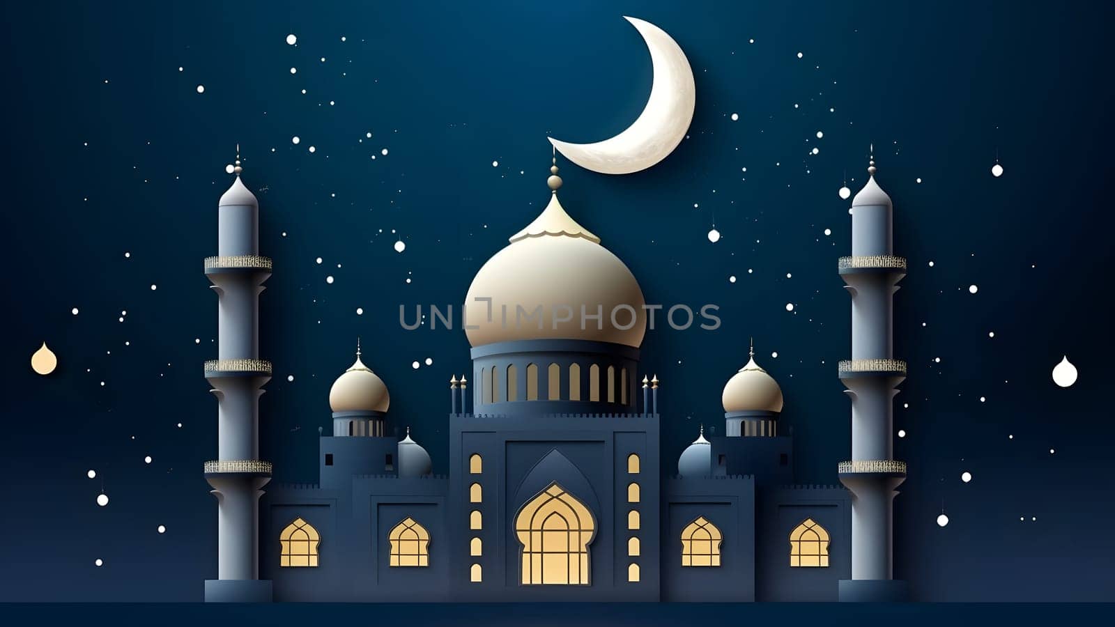 Ramadan mosque with starry night sky beautiful background. Neural network generated in May 2023. Not based on any actual scene or pattern.