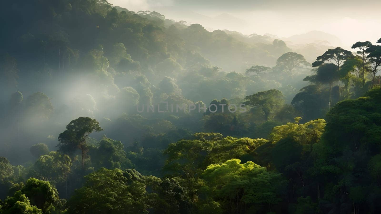 spectacular view on the rainforest in the sunrise. Neural network generated in May 2023. Not based on any actual scene or pattern.