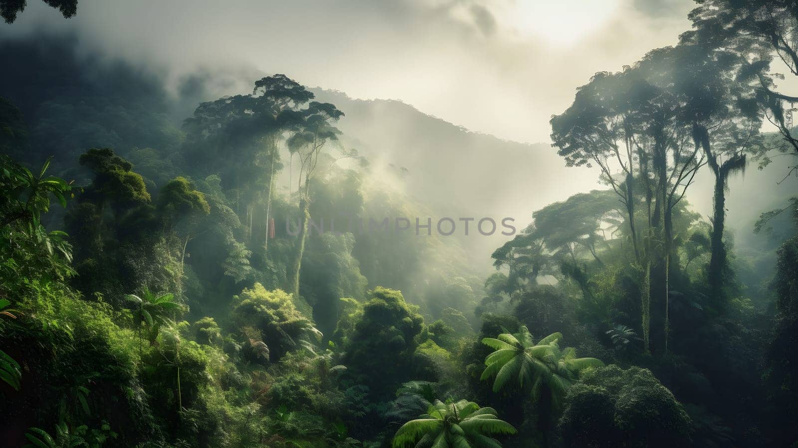 spectacular view on the rainforest in the sunrise. Neural network generated in May 2023. Not based on any actual scene or pattern.