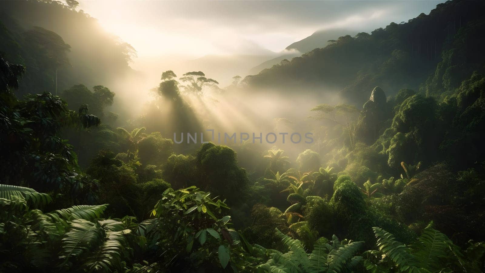 spectacular view on the rainforest in the sunrise. Neural network generated in May 2023. Not based on any actual scene or pattern.