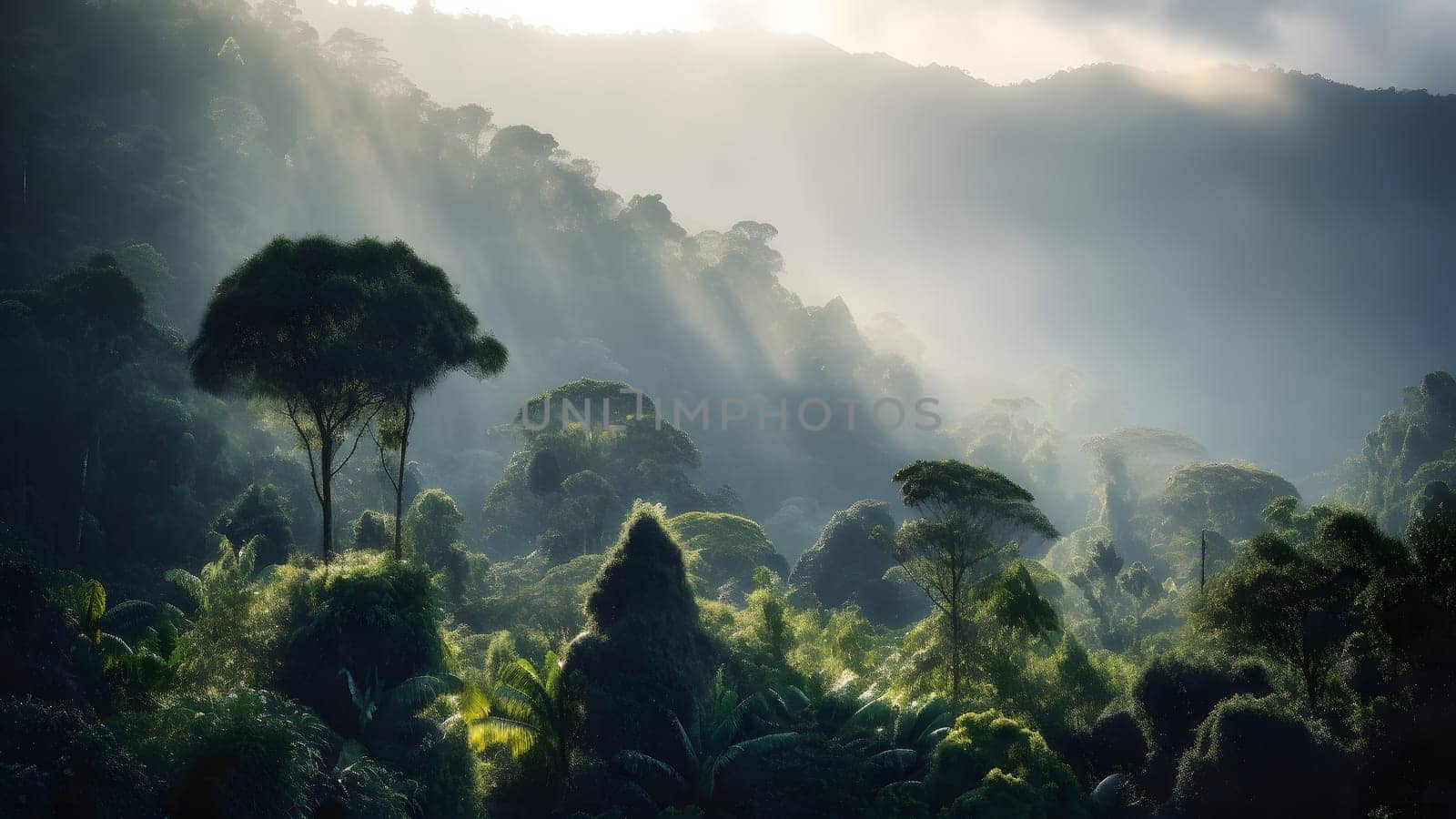 spectacular view on the rainforest in the sunrise. Neural network generated in May 2023. Not based on any actual scene or pattern.