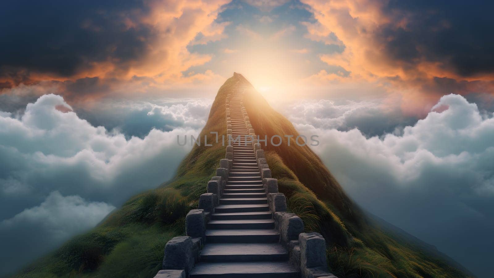 stairway to heaven on green mountain chine. Neural network generated in May 2023. Not based on any actual scene or pattern.