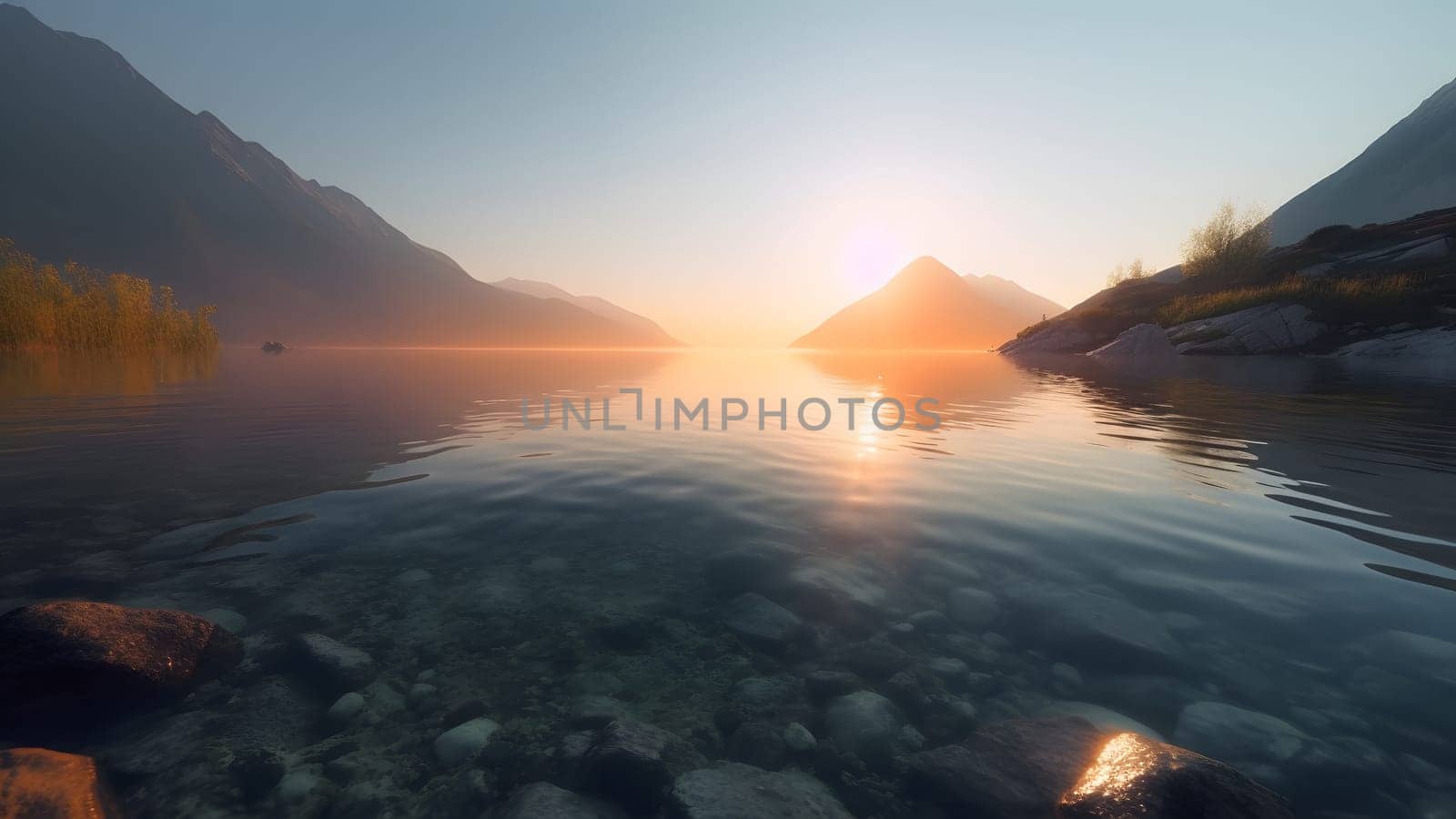 Swiss mountain lake with shallow very clear water at summer sunrise. Neural network generated in May 2023. Not based on any actual scene or pattern.