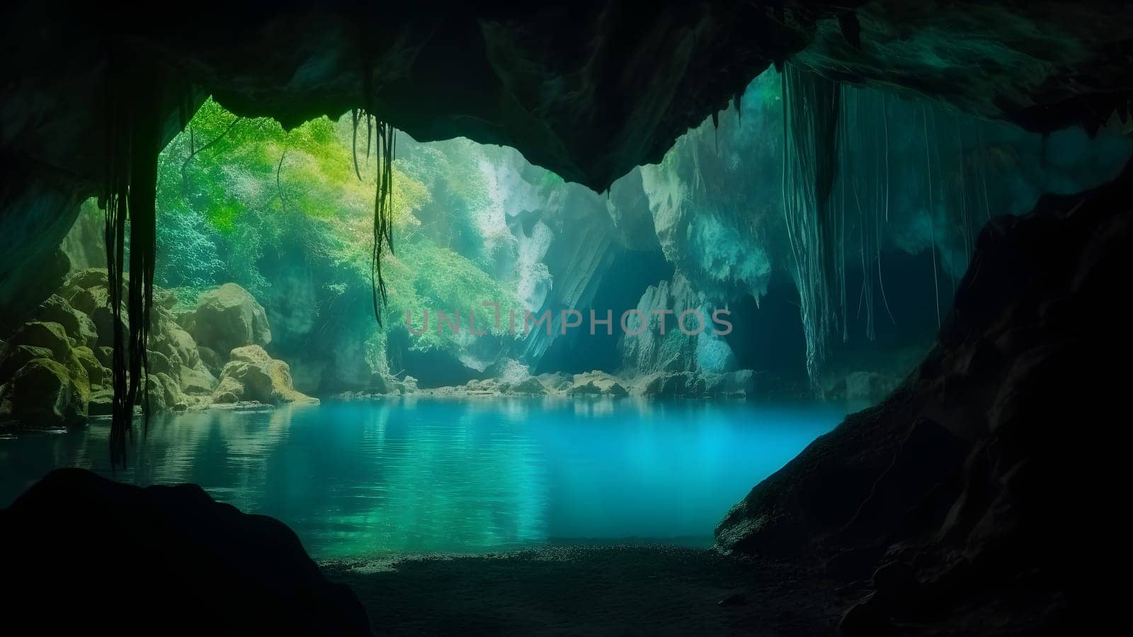 view from deep within a cave of a turquoise blue lake. Neural network generated in May 2023. Not based on any actual scene or pattern.