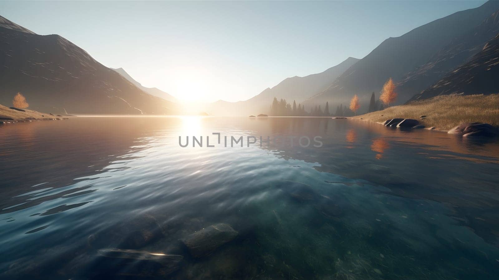 Swiss mountain lake with shallow very clear water at summer sunrise. Neural network generated in May 2023. Not based on any actual scene or pattern.