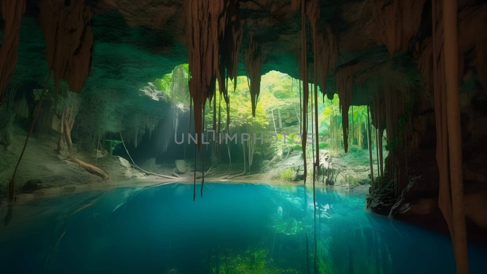 view from deep within a cave of a turquoise blue lake. Neural network generated in May 2023. Not based on any actual scene or pattern.
