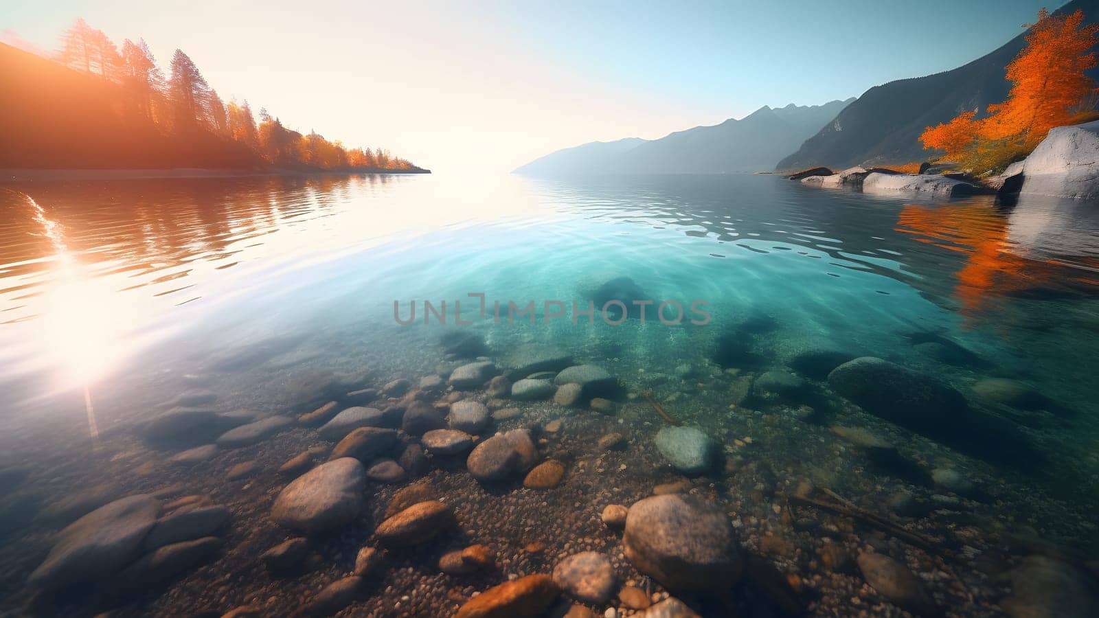 Swiss mountain lake with shallow very clear water at summer sunrise. Neural network generated in May 2023. Not based on any actual scene or pattern.