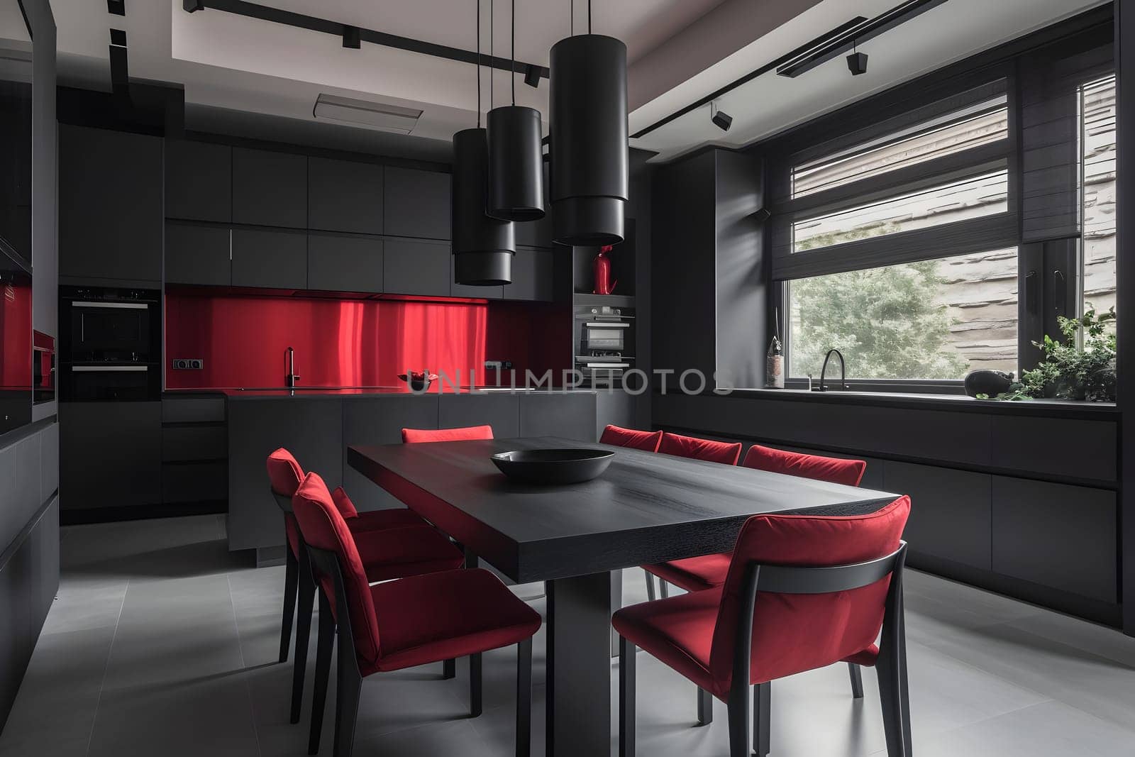 Black and red kitchen interior. Meeting area dining room. Neural network generated in May 2023. Not based on any actual scene or pattern.