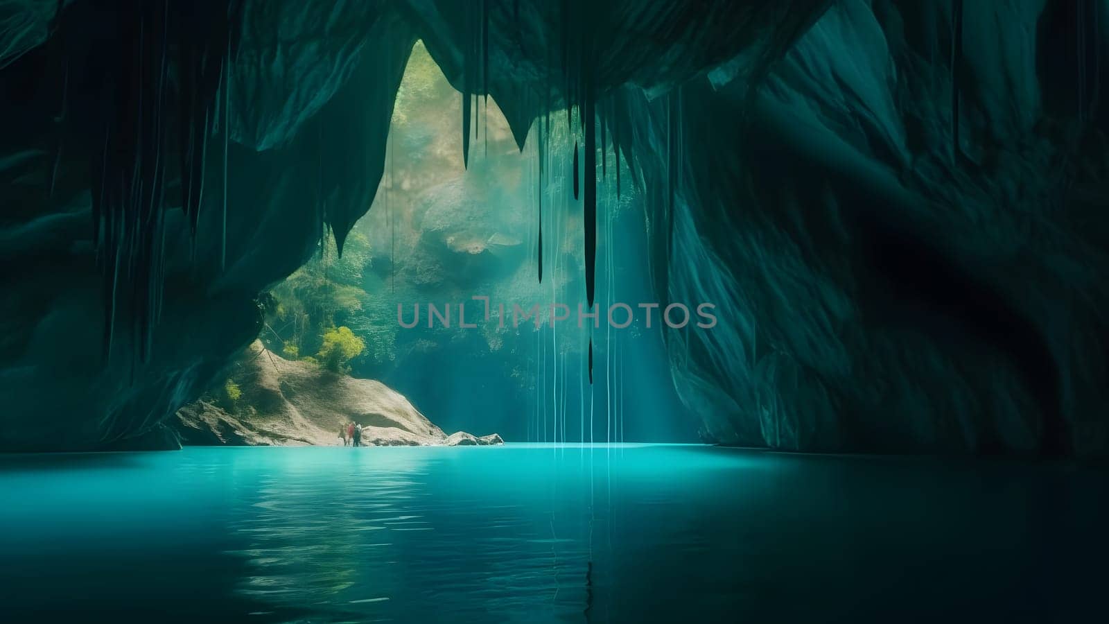 view from deep within a cave of a turquoise blue lake. Neural network generated in May 2023. Not based on any actual scene or pattern.