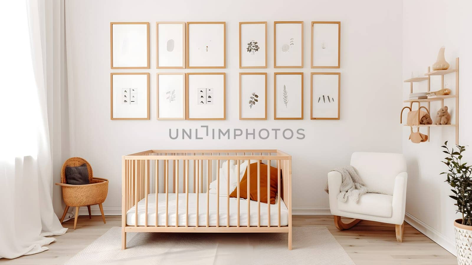 Bright white minimalist nursery wall with frames above cradle. Neural network generated in May 2023. Not based on any actual person, scene or pattern.