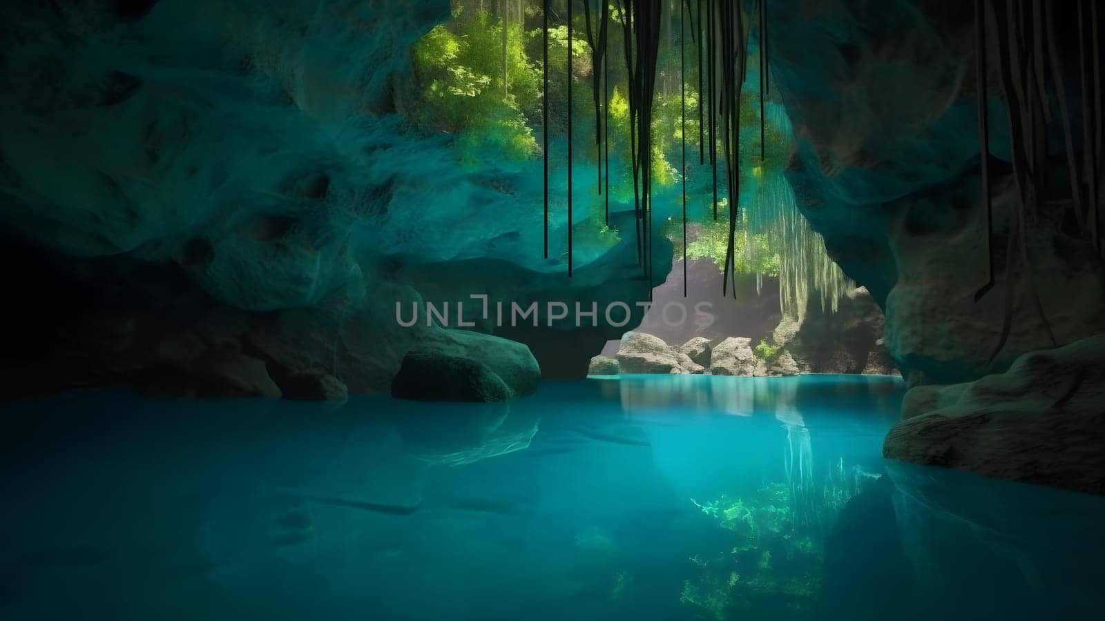 view from deep within a cave of a turquoise blue lake. Neural network generated in May 2023. Not based on any actual scene or pattern.