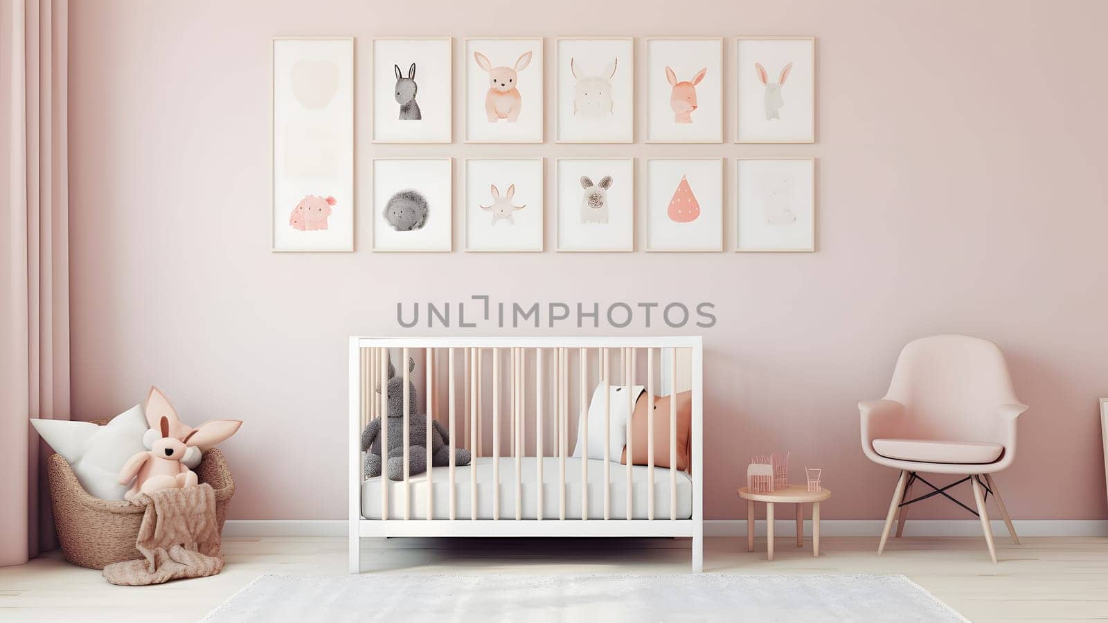 Bright white minimalist nursery wall with frames above cradle. Neural network generated in May 2023. Not based on any actual person, scene or pattern.