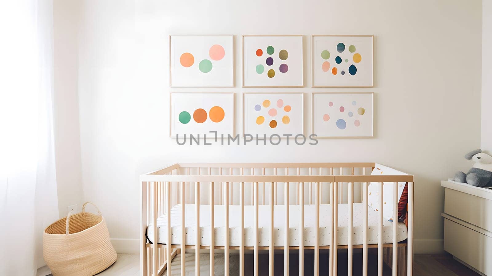 Bright white minimalist nursery wall with frames above cradle. Neural network generated in May 2023. Not based on any actual person, scene or pattern.