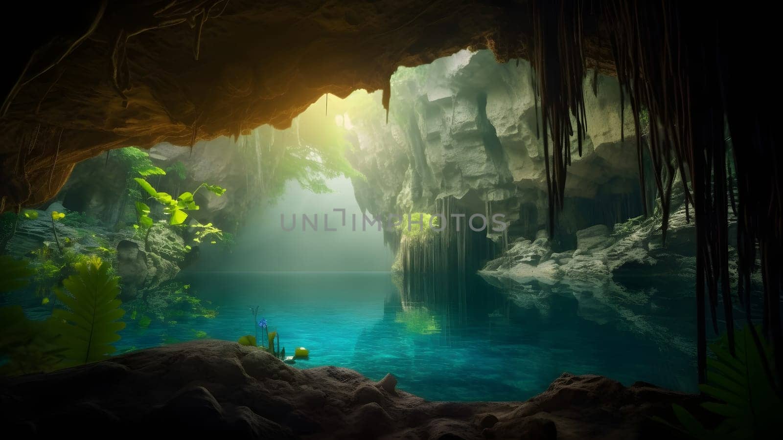 view from deep within a cave of a turquoise blue lake. Neural network generated in May 2023. Not based on any actual scene or pattern.