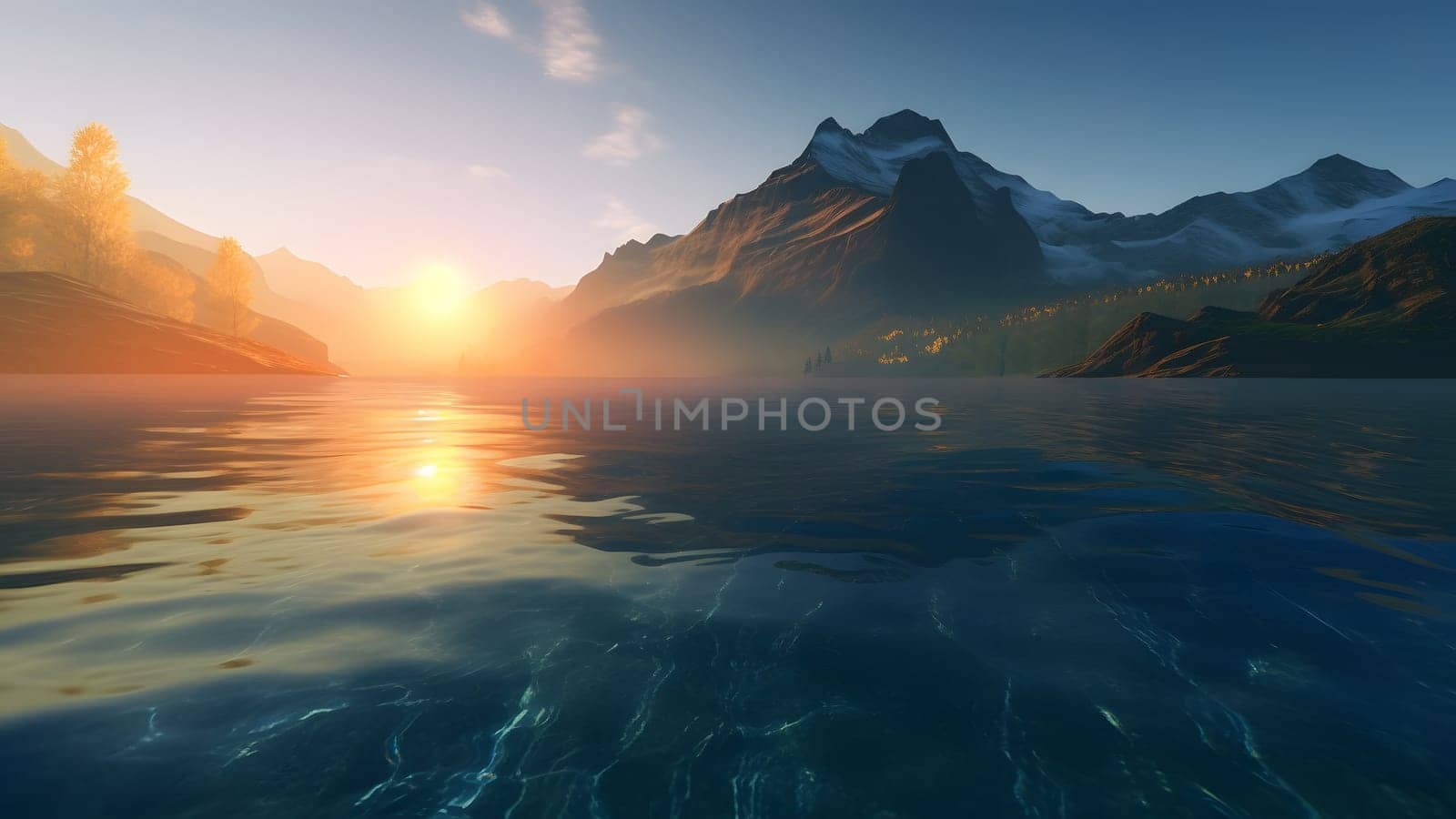 Swiss mountain lake with shallow very clear water at summer sunrise. Neural network generated in May 2023. Not based on any actual scene or pattern.
